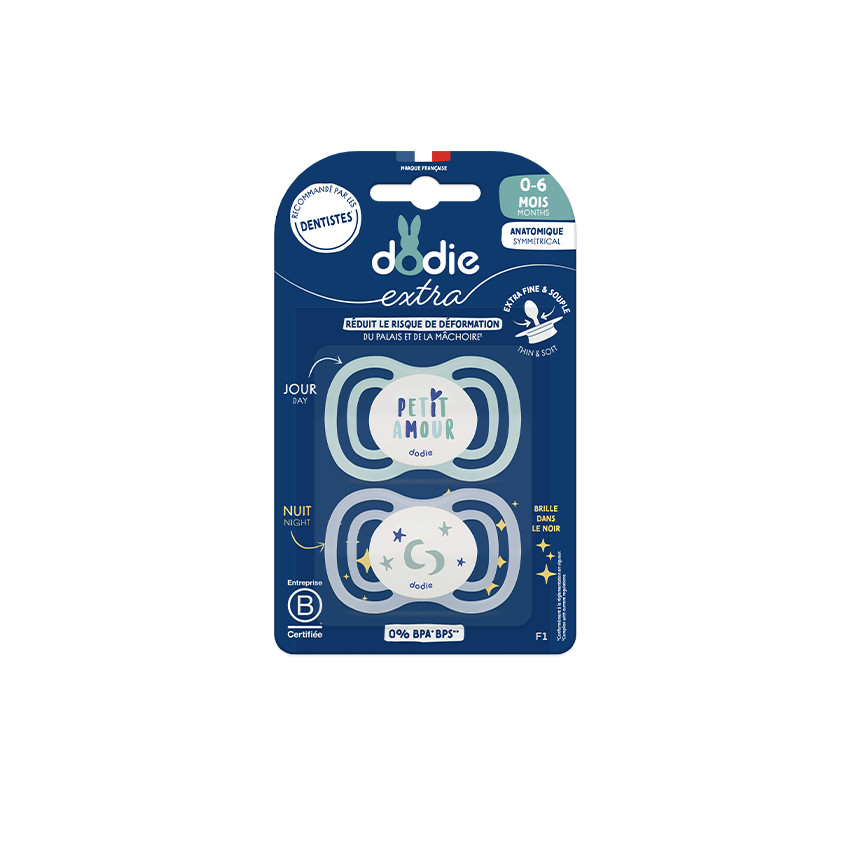 Lot de 2 sucettes en silicone anatomique extra fine jour et nuit 0-6M (modèle aléatoire) 