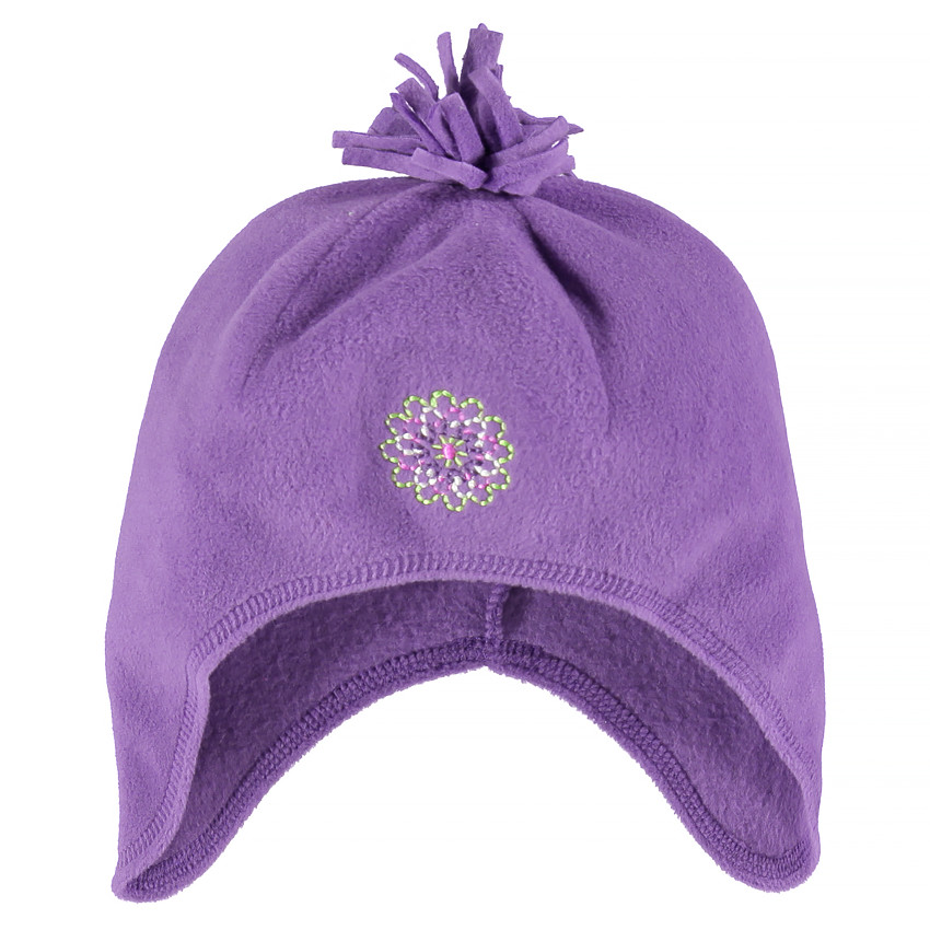 Muts met oorbescherming van microfleece met pompon en borduursel 