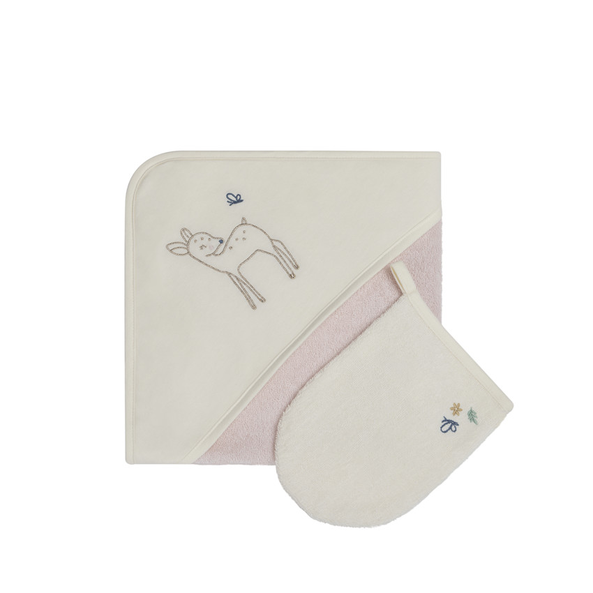 Set de bain avec cape et gant de toilette Little Deer écru/rose 