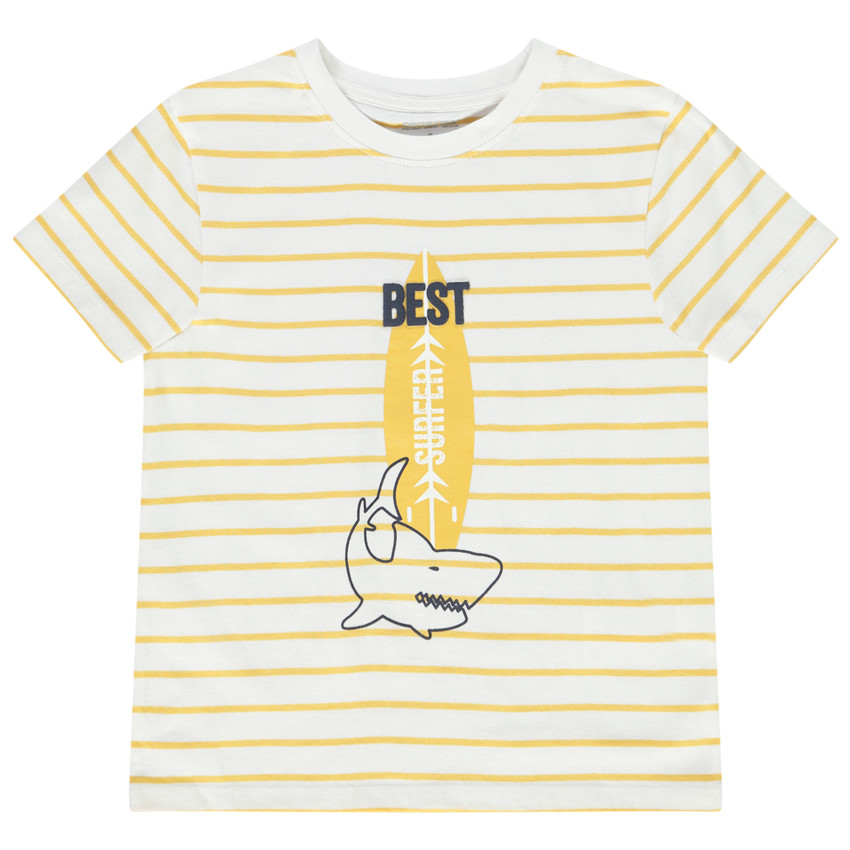 T-shirt met korte mouwen in strepen met fantasieprint voor jongen 