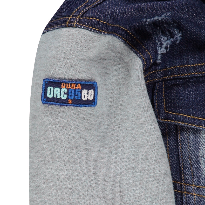 Jeansvest uit twee materialen met afneembare kap 