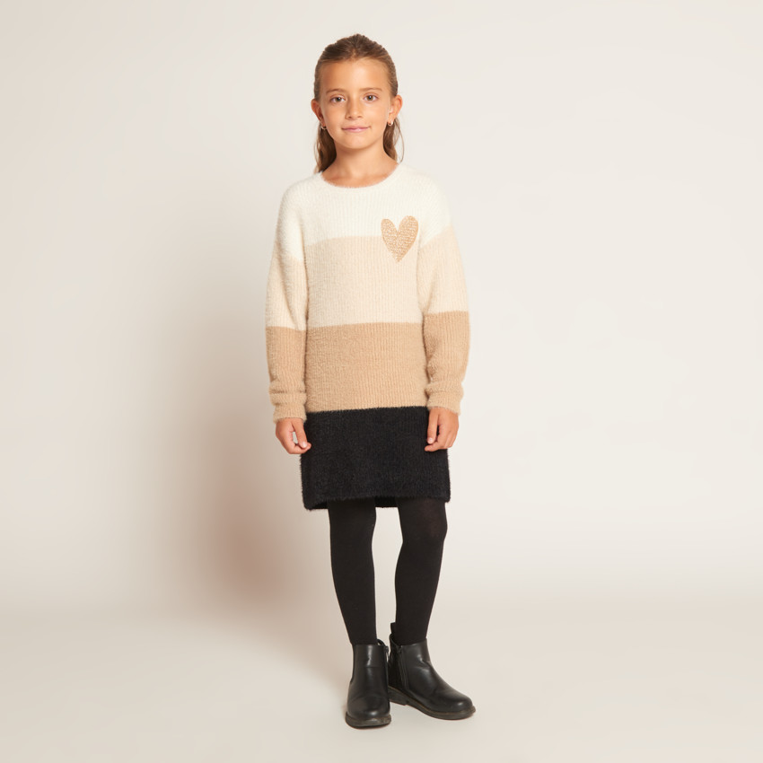 Gebreide jurk met fluffy colour block effect voor meisjes, met lange mouwen, ronde hals en gouden paillettenhart op de voorkant 