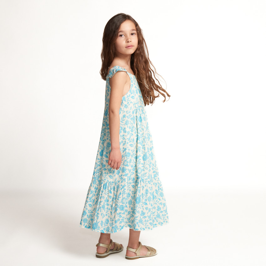 Robe longue manches volantées imprimée fleurs pour fille 