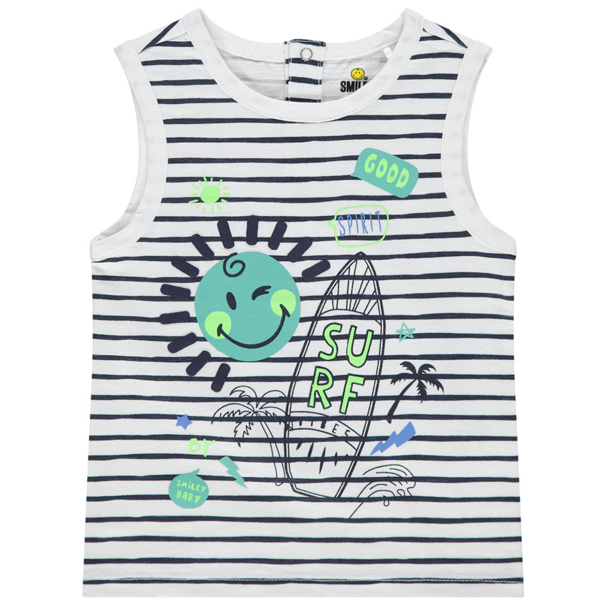 Gestreept topje van biokatoen met Smiley Baby-print 