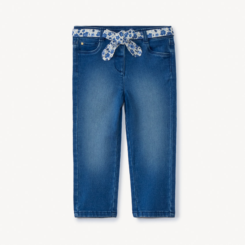 Jean droit avec ceinture fleurie à nouer pour bébé fille 