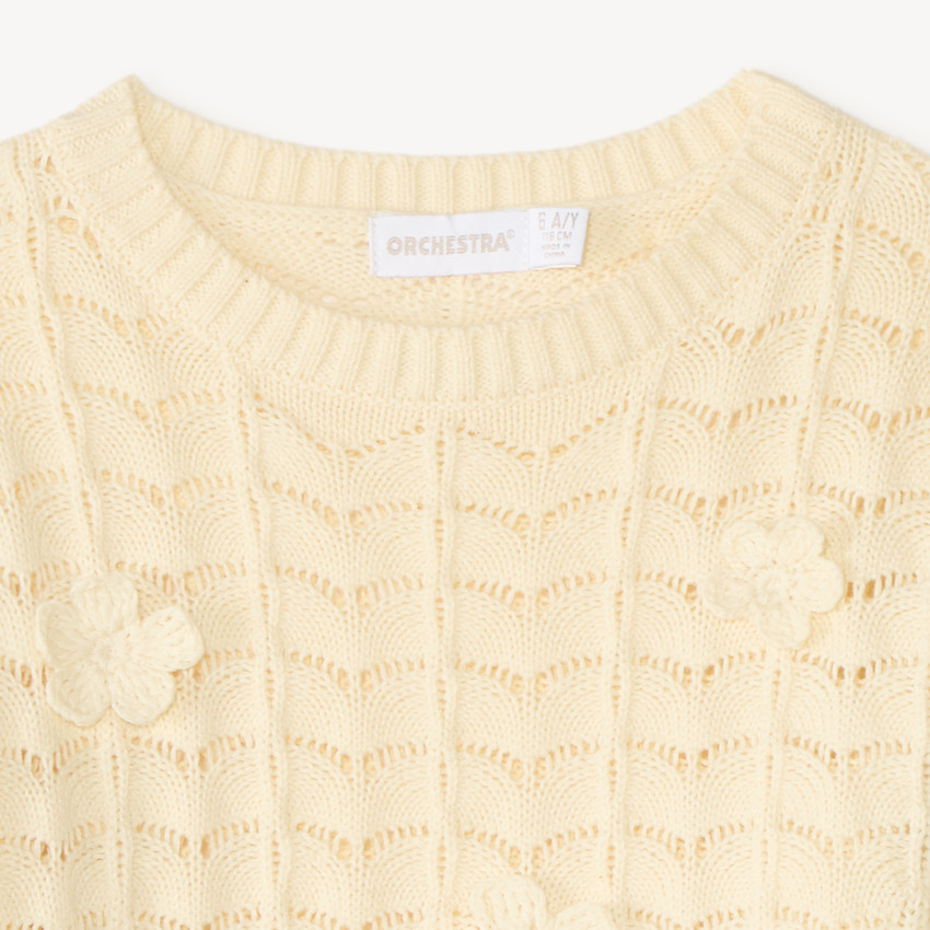 Pull fille en tricot ajouré avec fleurs crochetées 
