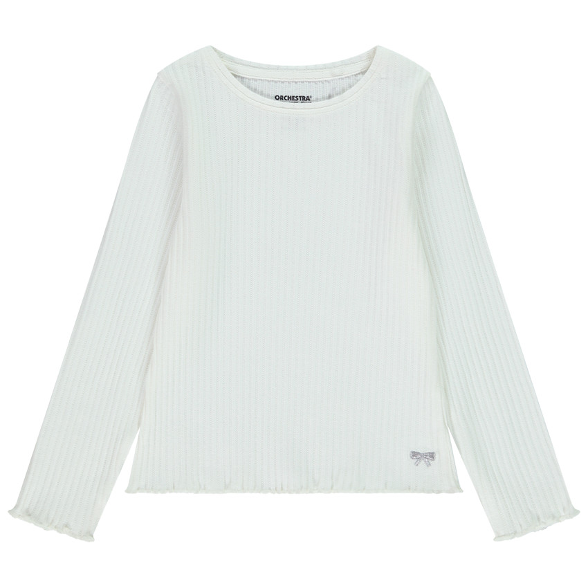 T-shirt manches longues côtelé à nœud brodé pour fille 