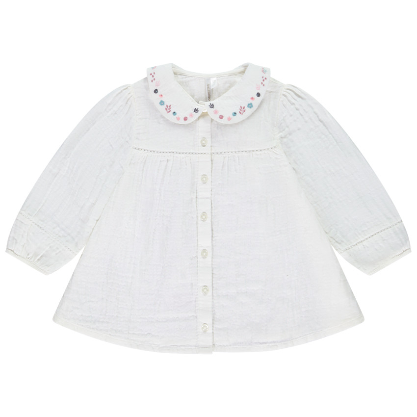 Tuniek met lange mouwen in effen kleur en Claudine kraag voor babymeisjes met borduursel 