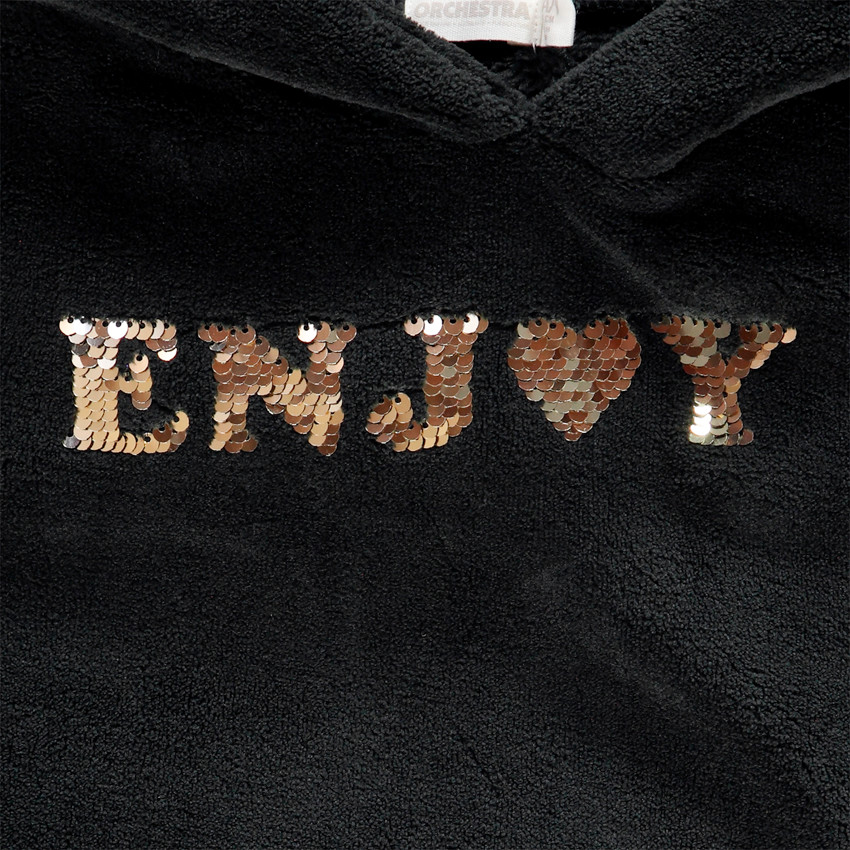 Sweat à capuche noir en sherpa à texte en sequins pour enfant fille 