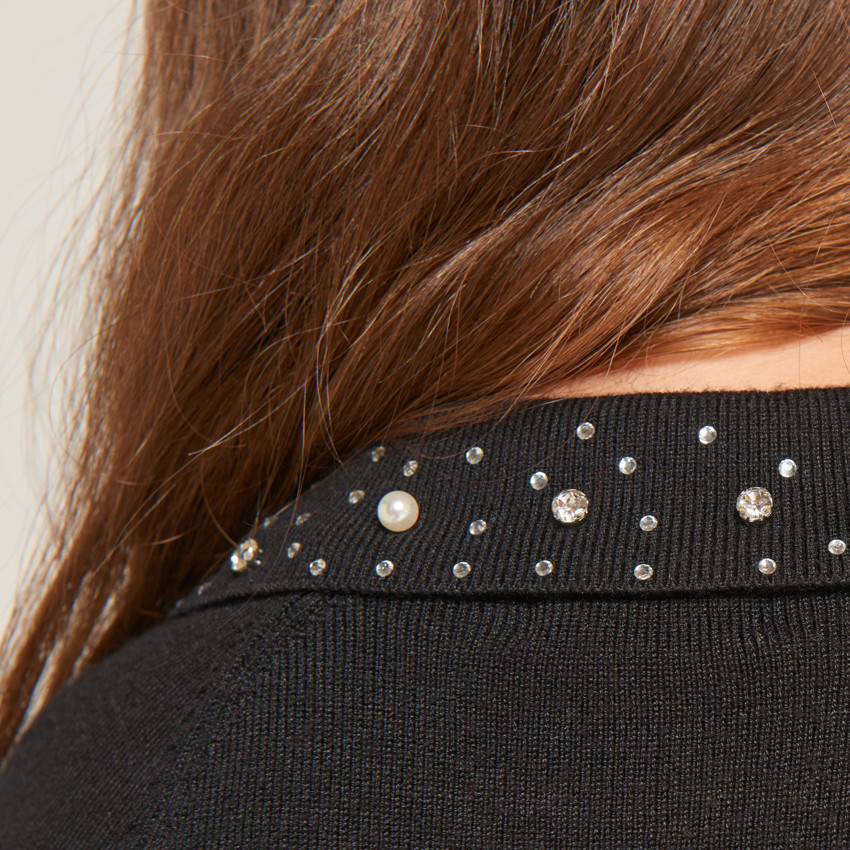 Robe unie en tricot et col claudine à strass pour fille  