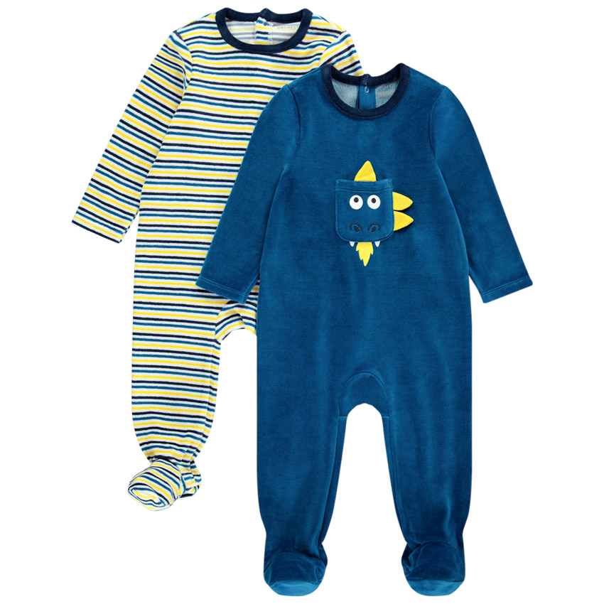 Set van 2 onesies in gestreept en blauw fluweel voor baby jongens. 
