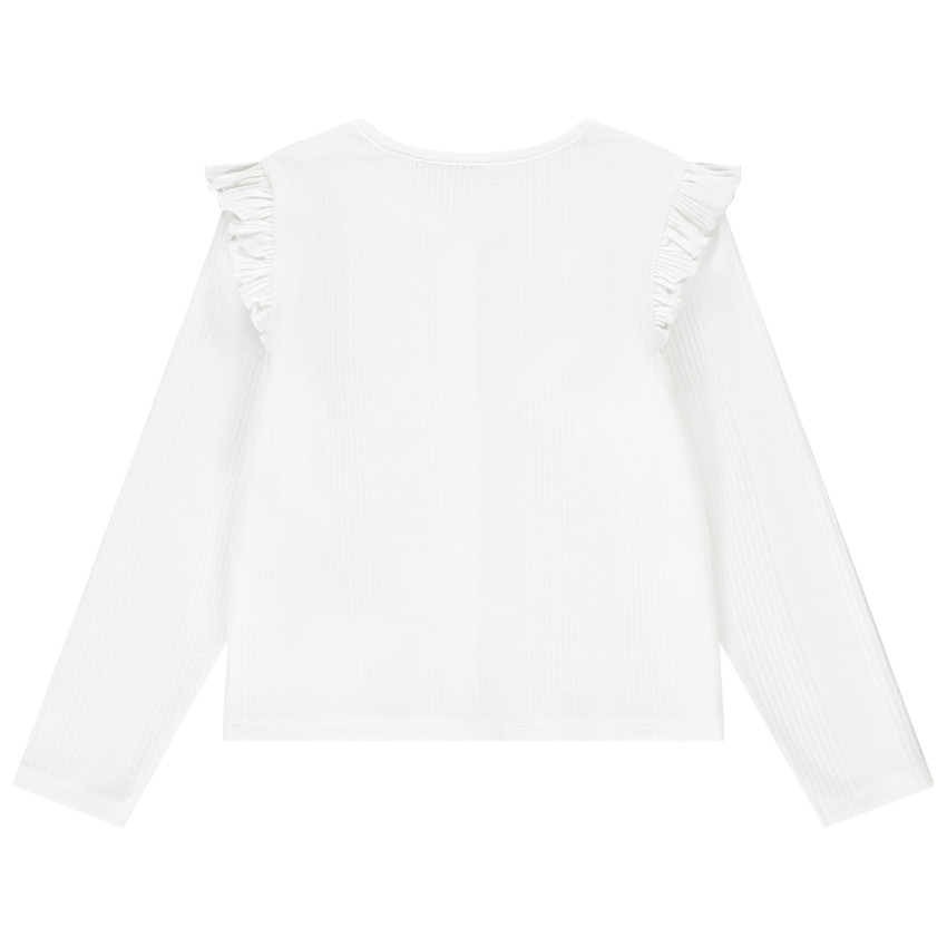 Gilet manches longues uni en maille côtelé et volants pour fille 