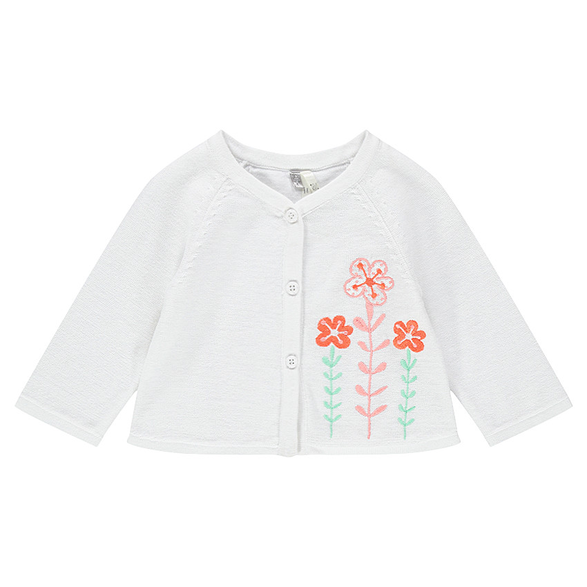 Gilet naissance en tricot avec fleurs brodées 