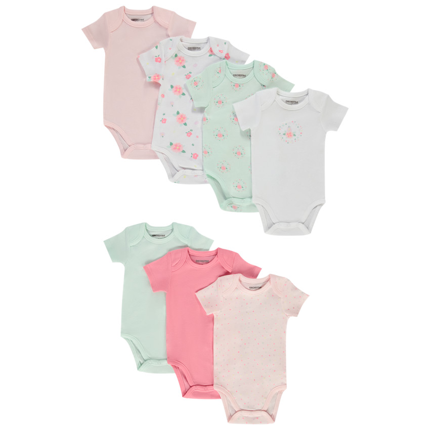 Set van 7 bodies met korte mouwen, effen en met bloemenprint voor meisjes 