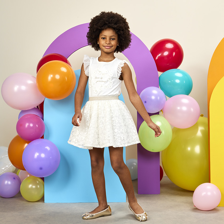 T-shirt manches courtes en tulle et fleurs 3D pour fille 