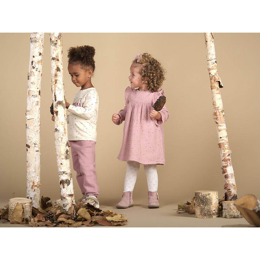 Robe manches longues en double gaze de coton imprimé pois pour bébé fille 