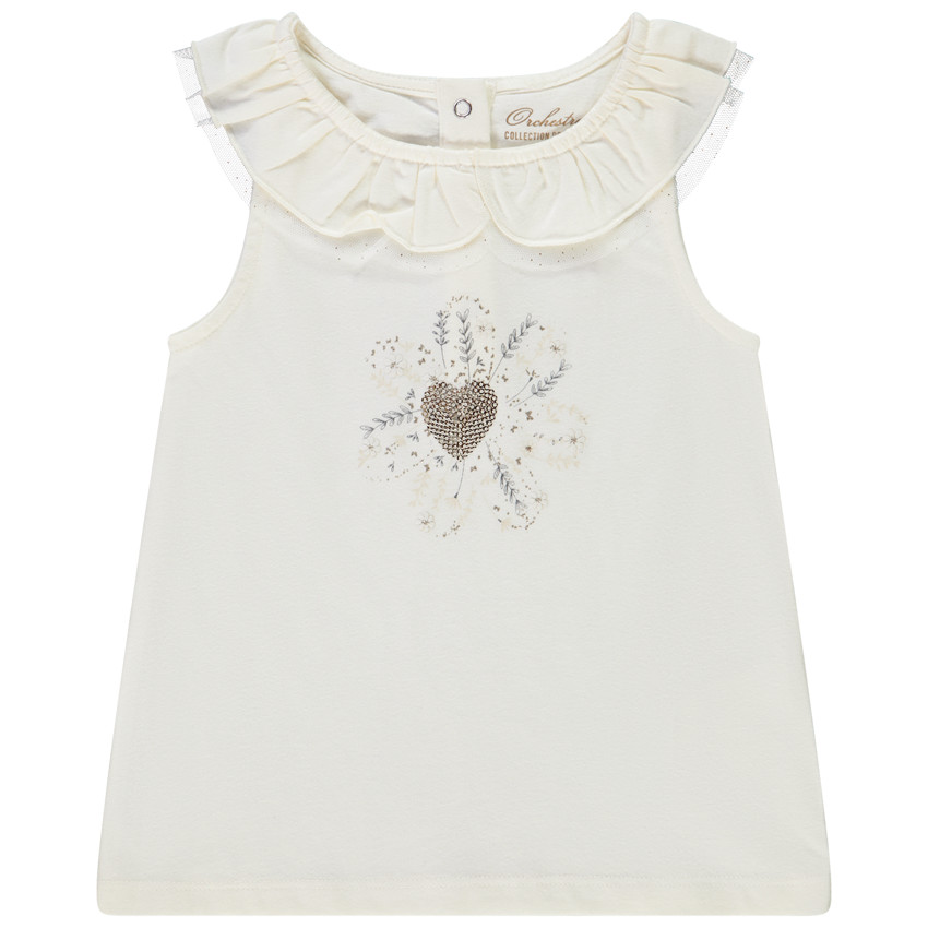 Mouwloos topje met ruchekraag en print in pailletten voor baby meisje 