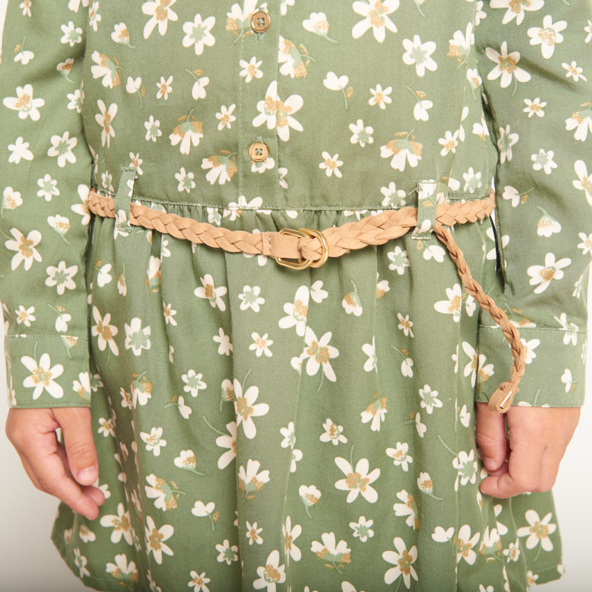 Kaki jurk met lange mouwen en bloemenprint voor meisjes 