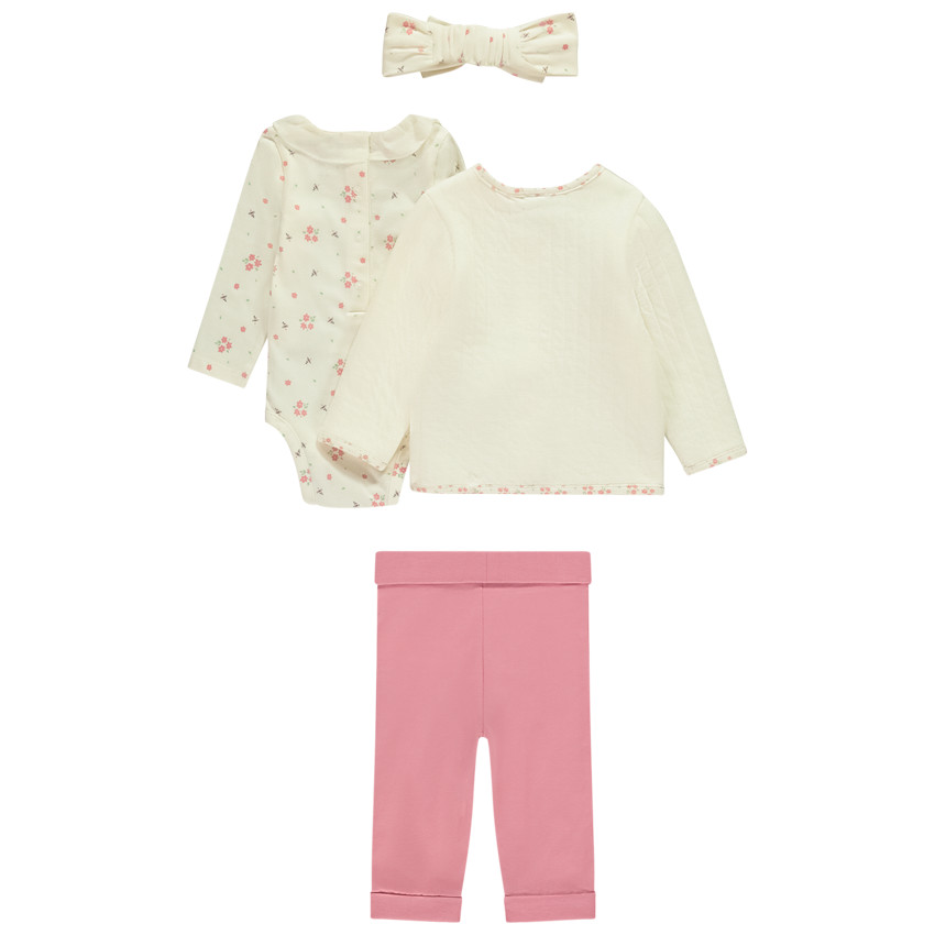 Ensemble 4 pièces bandeau + gilet matelassé avec body et pantalon pour bébé fille 