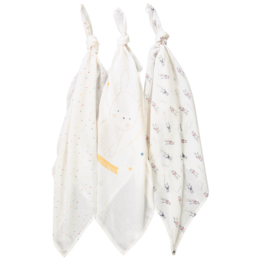 Lot de 3 langes en tétra imprimé lapins et étoiles pour bébé 