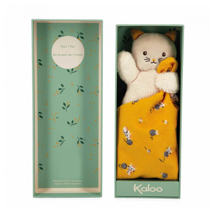 Doudou chat avec carré douceur jaune 