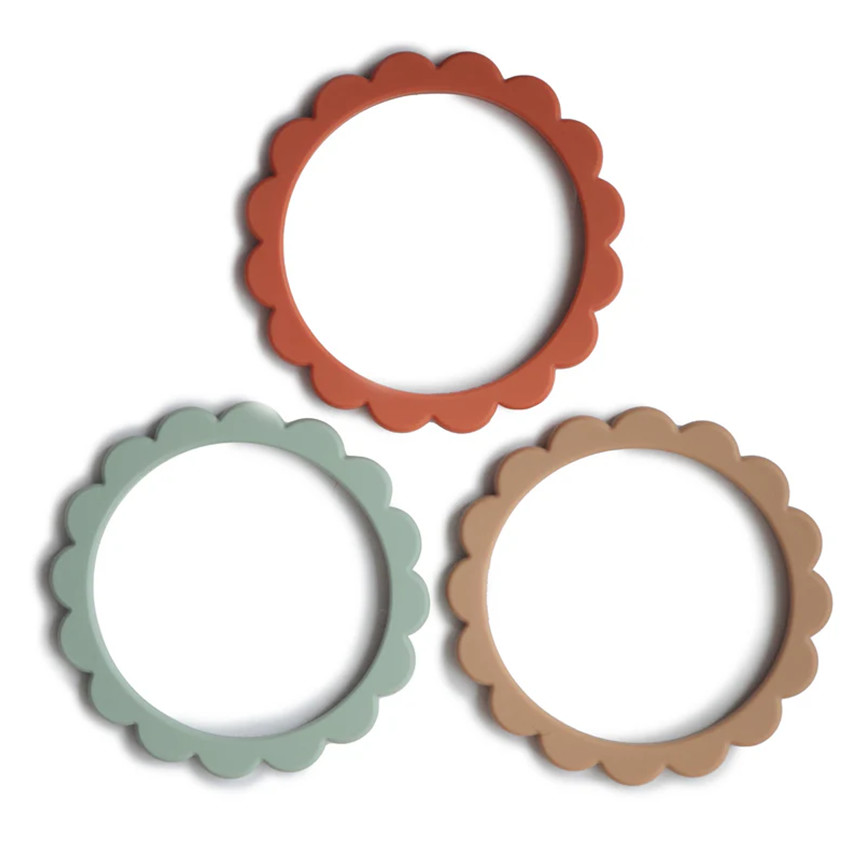 Anneau de dention bracelet Fleurs 100% Silicone Cambridge Blue/Clémentine/Natural 3pcs 
