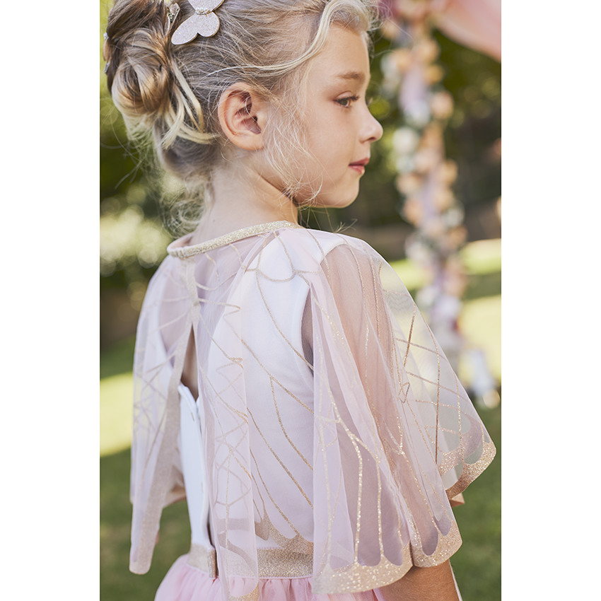 Robe de cérémonie bi-matière en jersey et tulle + cape papillon pour fille 