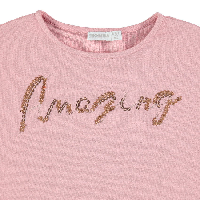 Sweat rose à inscription en sequins dorés et manches ballon 