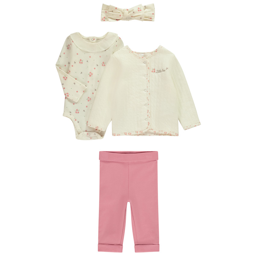 Ensemble 4 pièces bandeau + gilet matelassé avec body et pantalon pour bébé fille 