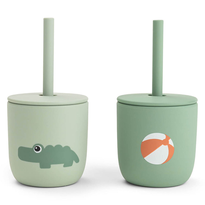 Set van 2 drinkbekers met rietje in silicone Playground Groen 