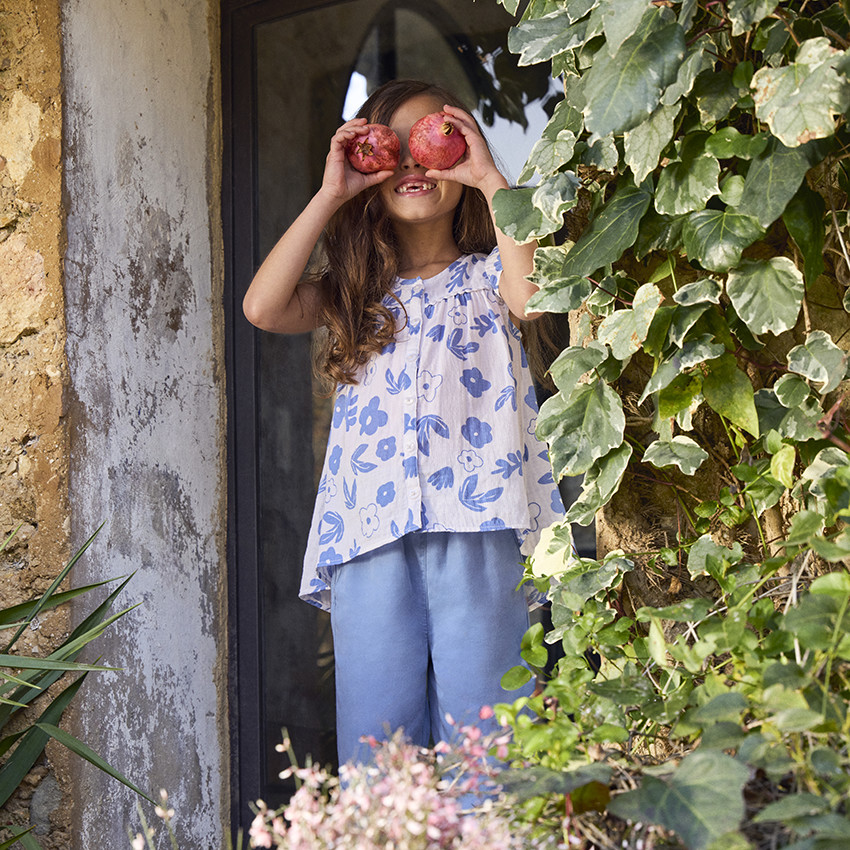 Chemisier imprimé fleuri avec galon à pompons pour fille 