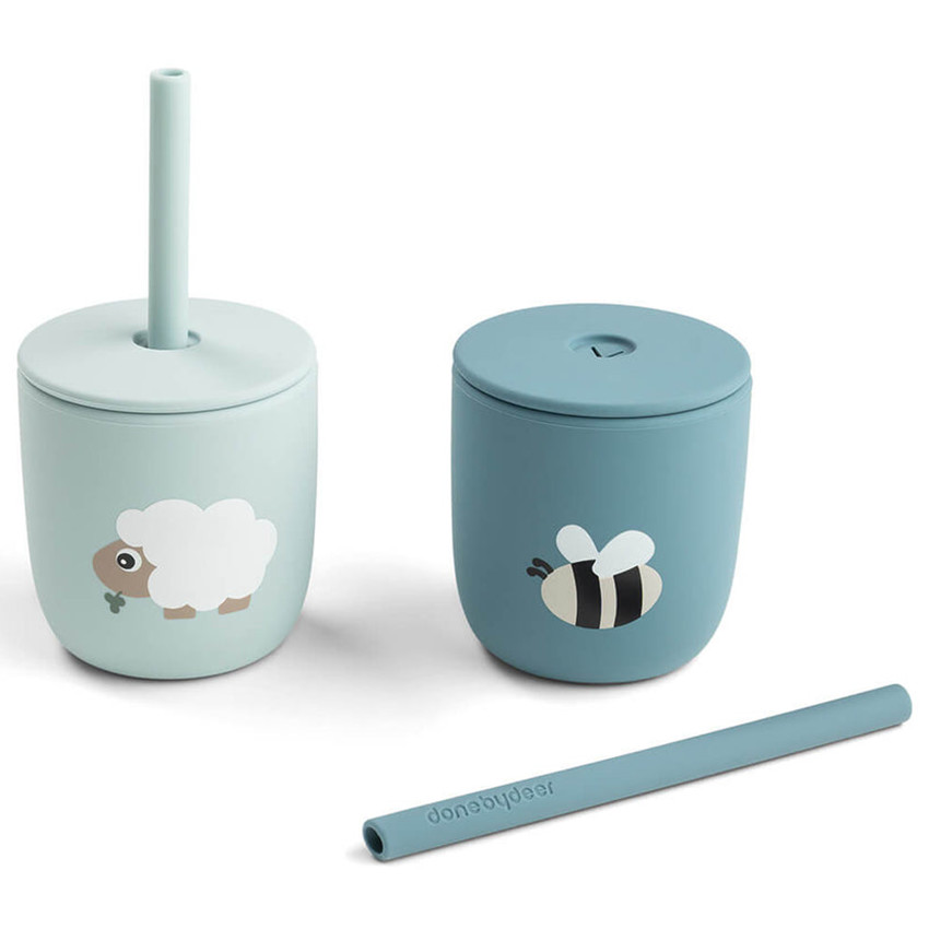 Set van 2 drinkbekers met rietje in silicone Tiny Farm Blauw 
