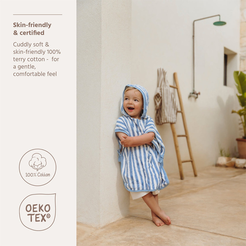 Badponcho badstof jacquard - Fat Stripe Jeans Blue - 12m/3jaar 