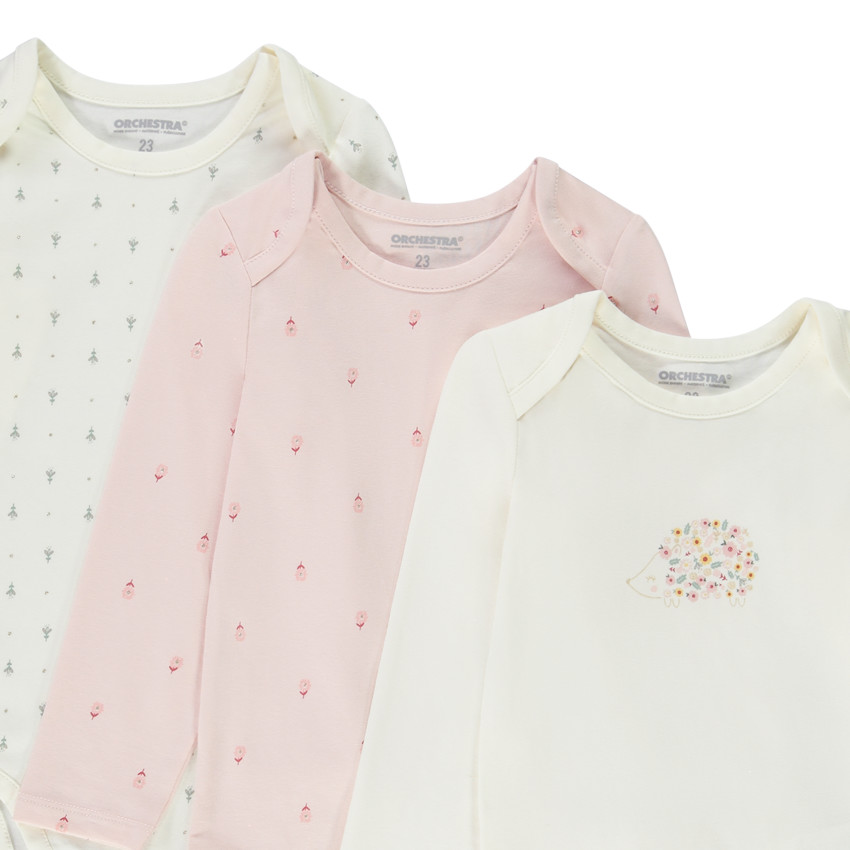 Lot de 3 bodies manches longues fantaisie pour bébé fille avec ouvertures différentes selon l'âge 