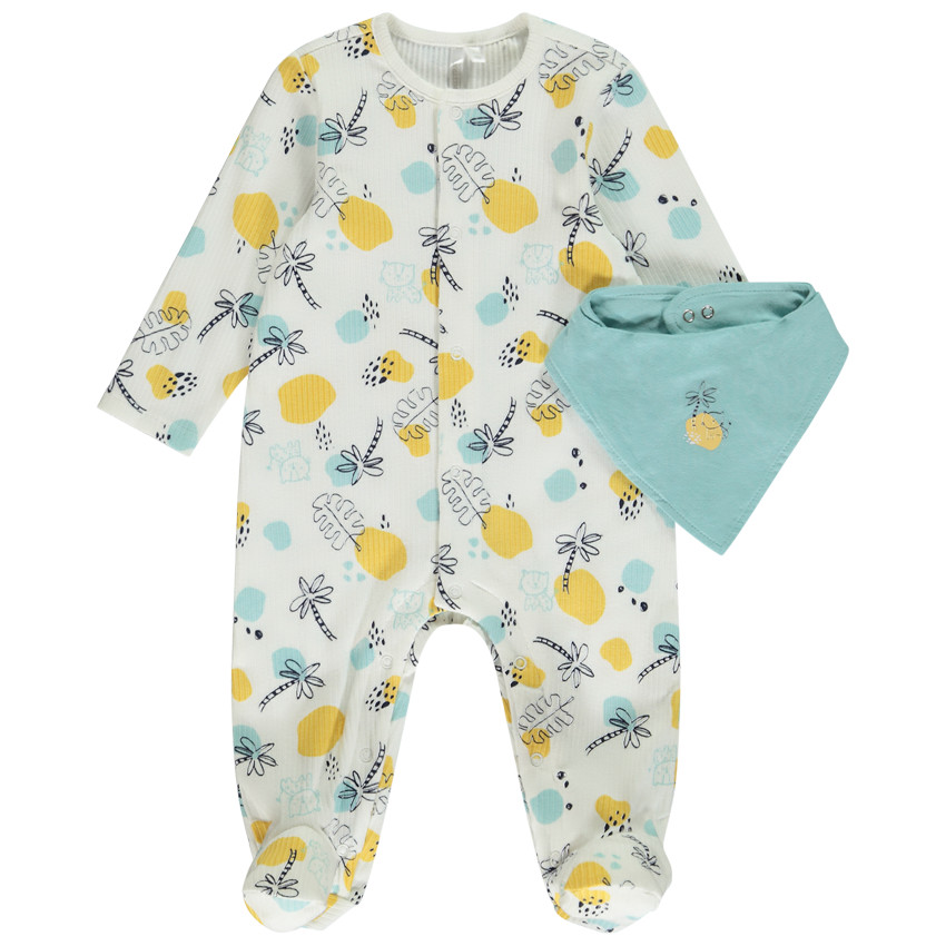 Dors-bien effet côtelé avec imprimé fantaisie + bavoir pour bébé garçon avec ouvertures différentes selon l'âge  