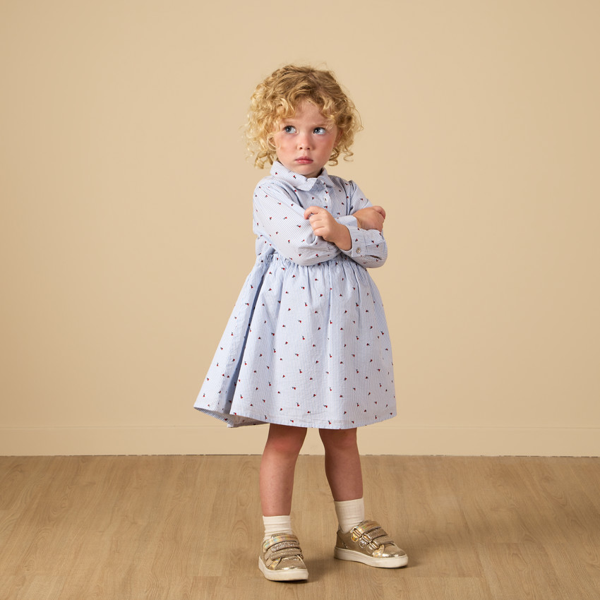 Robe manches longues en toile à rayures et imprimé fleurs pour bébé fille 