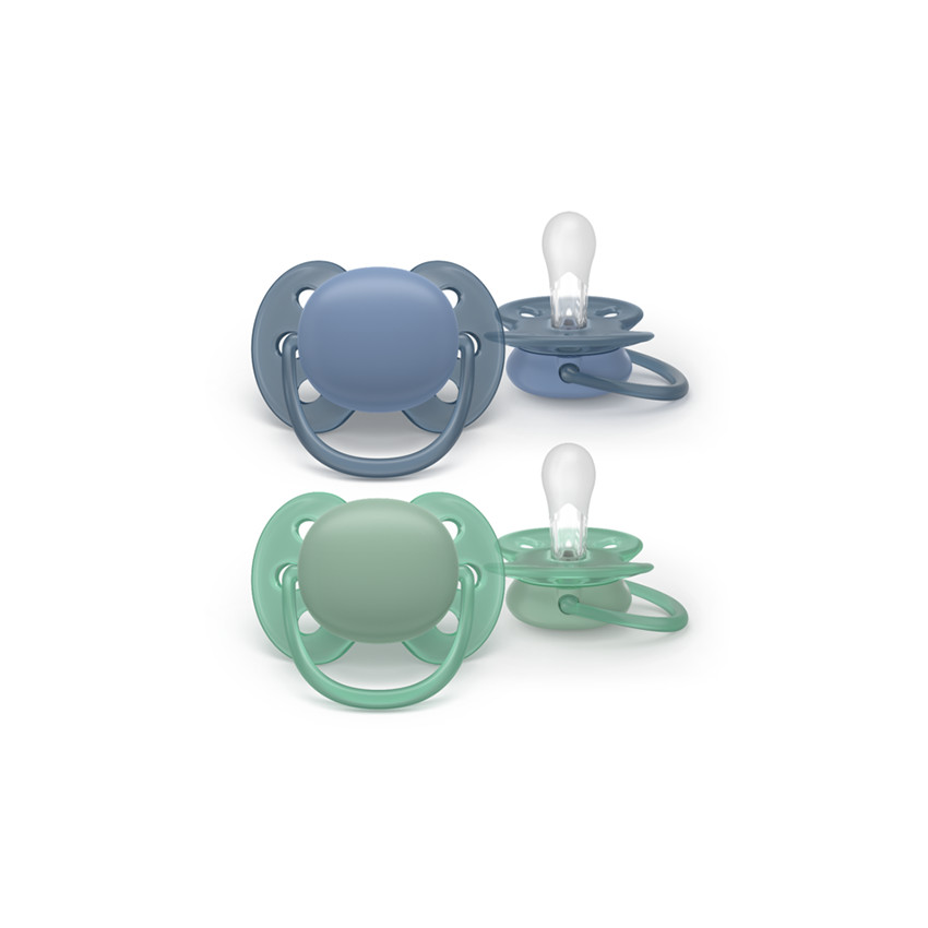 Lot de 2 sucettes en silicone ultra douces 6-18 mois bleu et vert. 