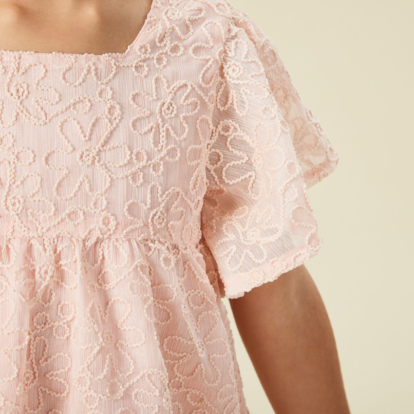 Robe manches courtes en crêpe et tulle avec motif floral en cording pour fille 