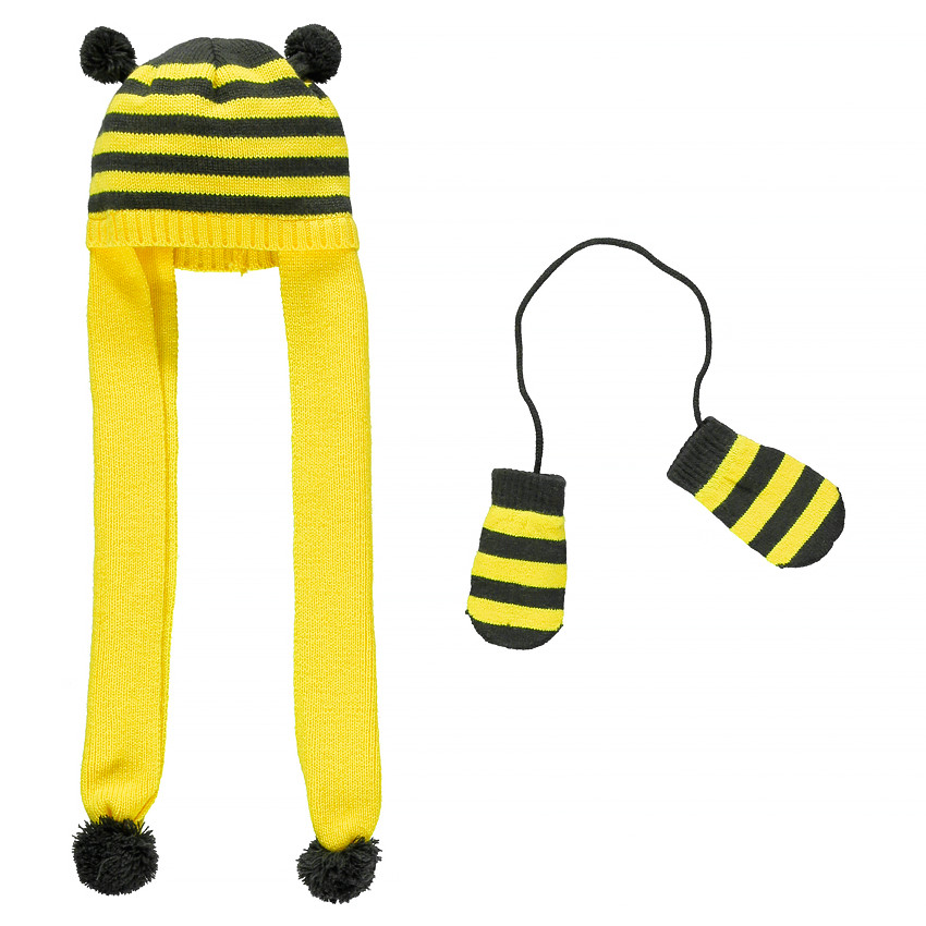 Ensemble bonnet/écharpe + moufles à rayures 
