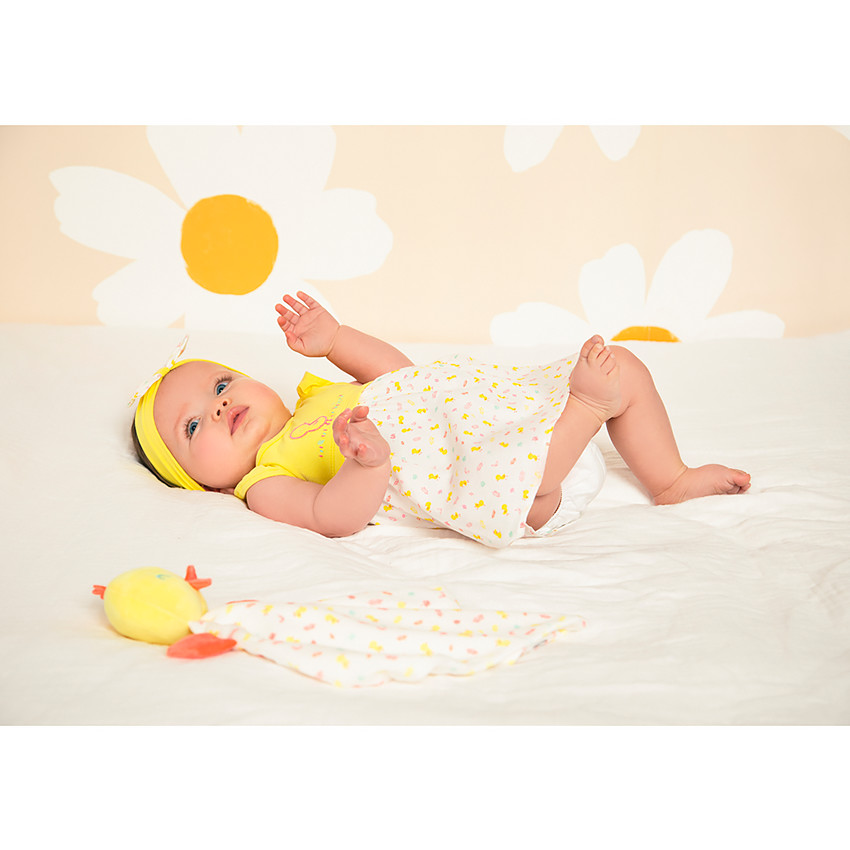 Robe 2 en 1 en jersey et voile de coton imprimé poussin pour bébé fille 