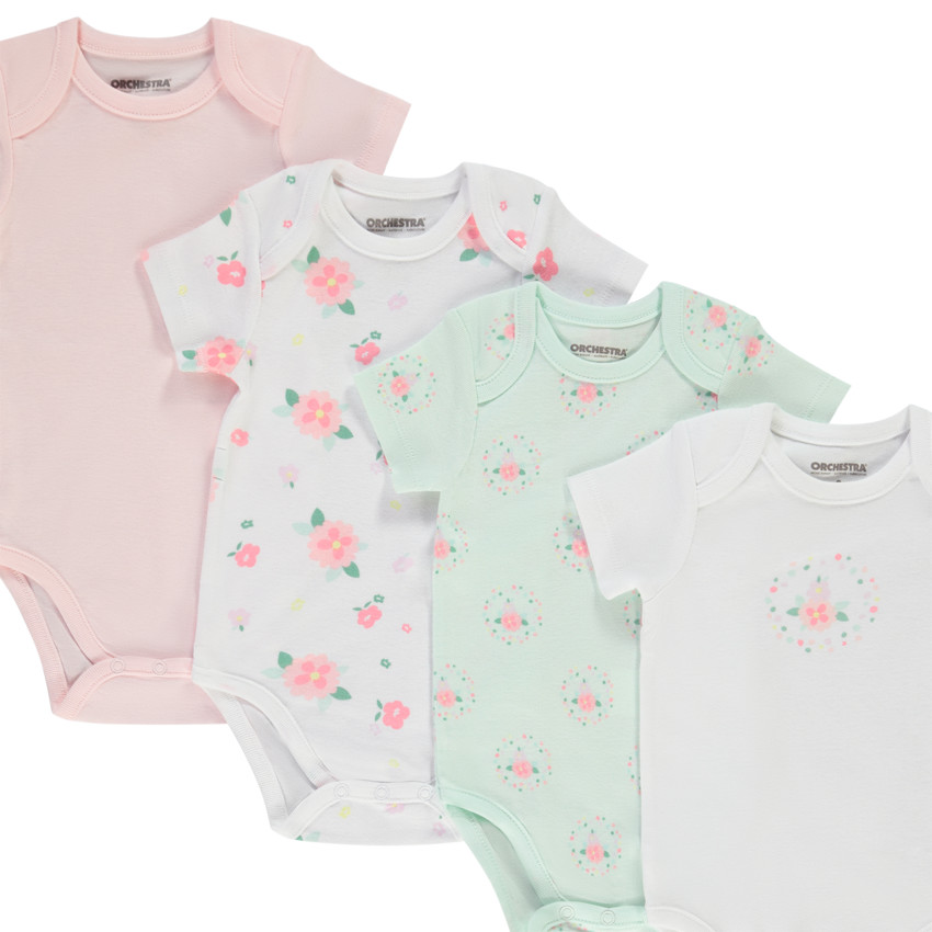 Set van 7 bodies met korte mouwen, effen en met bloemenprint voor meisjes 