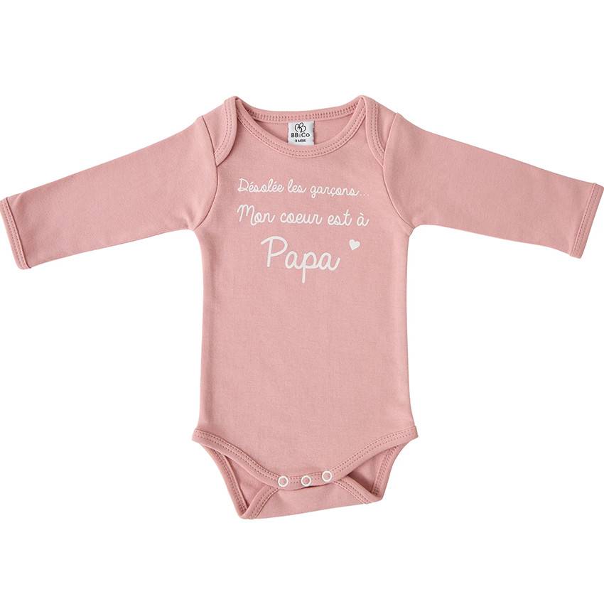 Body met lange mouwen - “Mon coeur est à papa” - Roze - 3m 