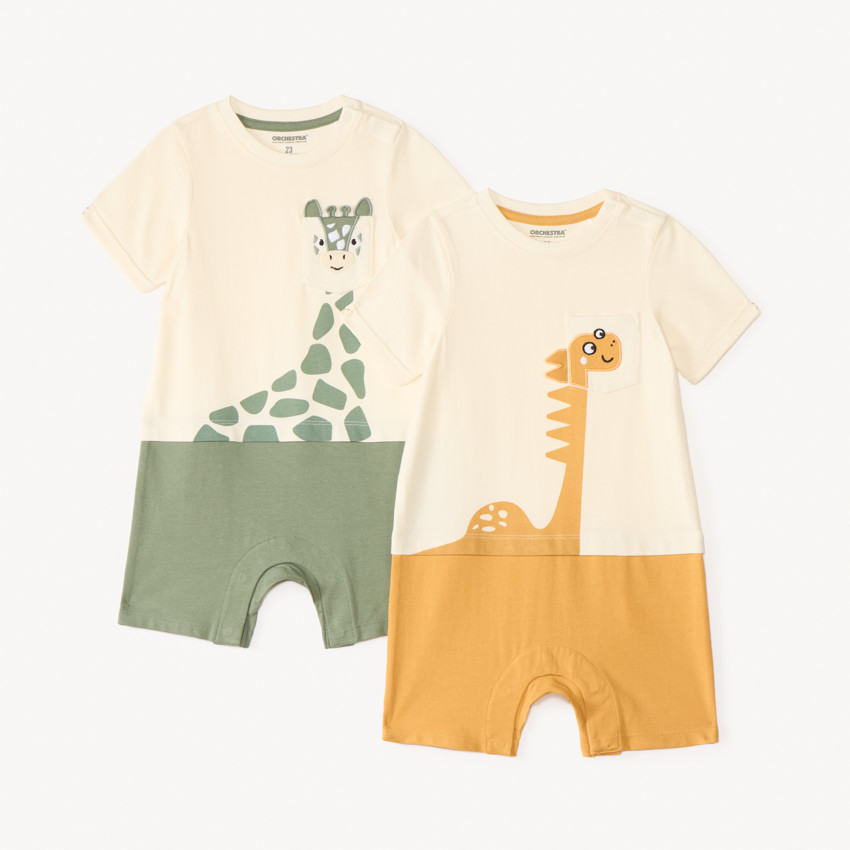 Set van 2 korte jumpsuits 2-in-1 effect dierenpatroon voor baby jongens 