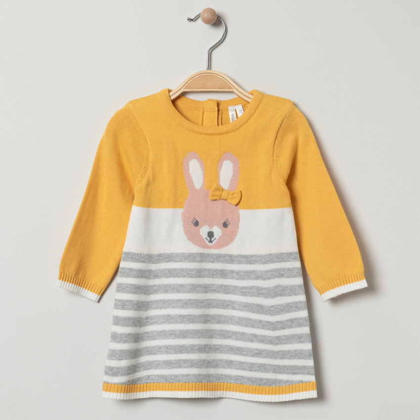 Jurk van tricot met lange mouwen en konijntjesmotief voor babymeisjes 