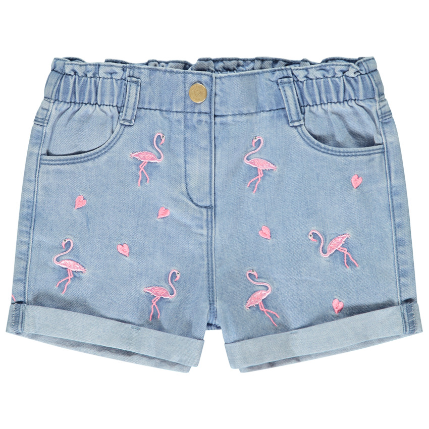 Korte denim short met geborduurde flamingo