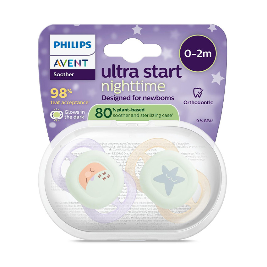 Set van 2 silicone fopspenen 0-2M Ultra Start nacht versierd 