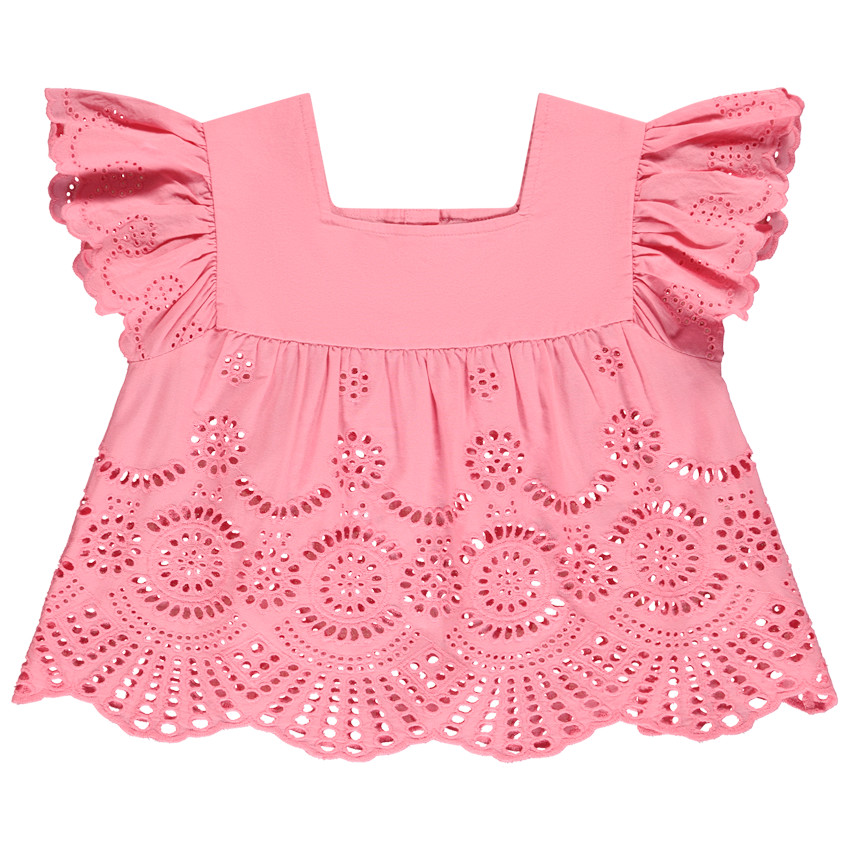 Tuniek in viscose voile met pofmouwen en Engels borduursel voor meisjes 