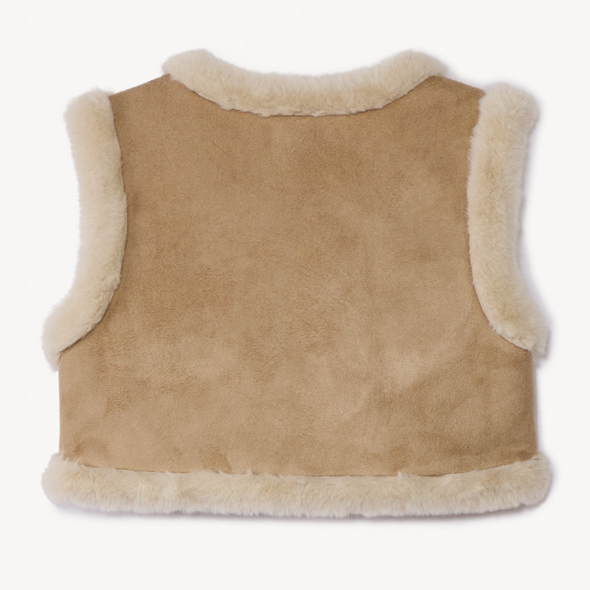 Mouwloos vest in suedine met folkloristische borduursels en sherpa voor meisjes 