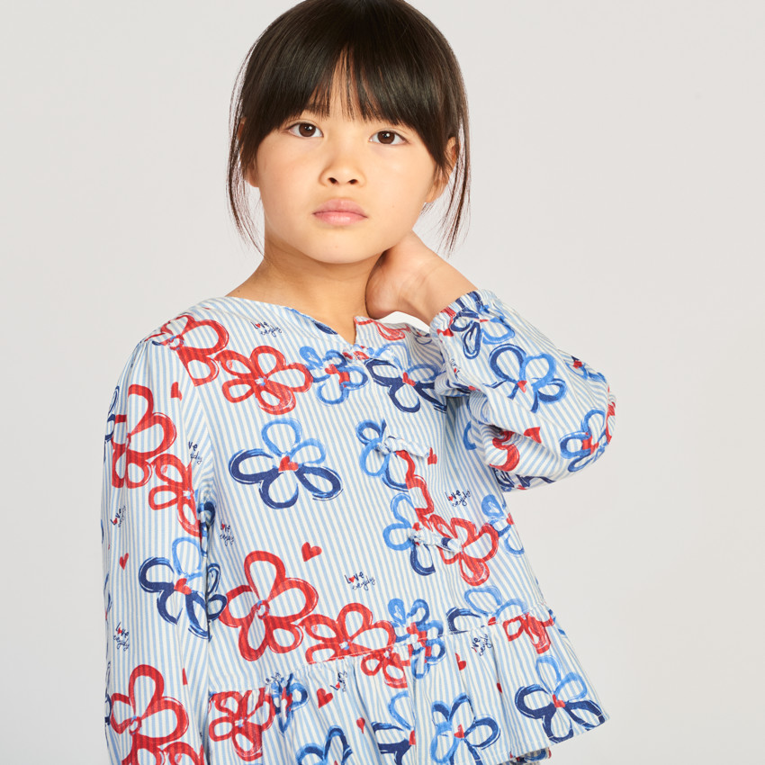 Tunique manches longues rayée et imprimée fleurs pour fille 