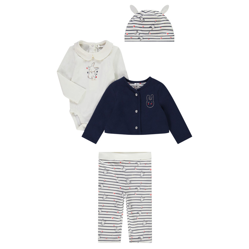 Ensemble 4 pièces à rayures et lapins pour bébé fille 